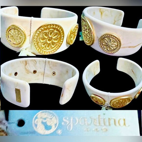 SPARTINA 449 HARBOR WIDE RESIN CUFF BANGLE MEDALLIONS GOLD PLATED BRACELET ~NWT